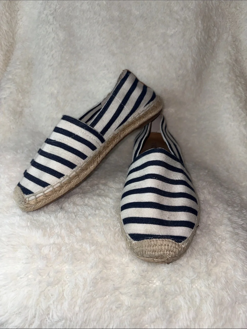 Vionic Valeri Striped Canvas Espadrille Flats Navy Blue White Orthotic Support